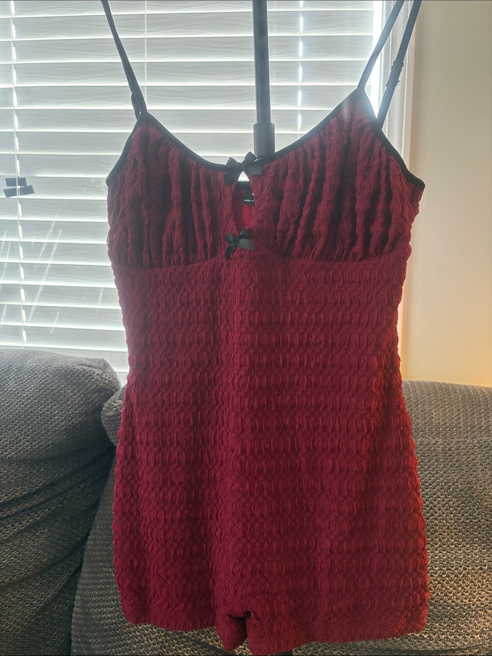 Red Textured Cami Romper with Black Bows and Trim with Spaghetti Straps